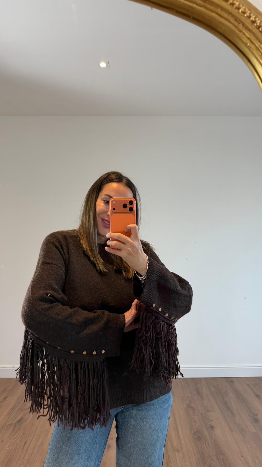 MAGLIONE FRANGE MARRONE 65098 NEW