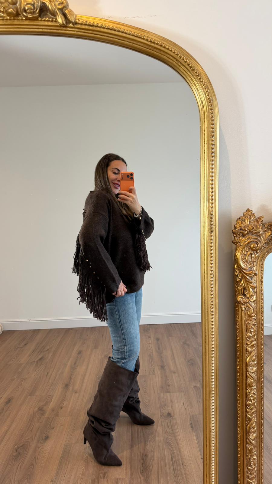 MAGLIONE FRANGE MARRONE 65098 NEW