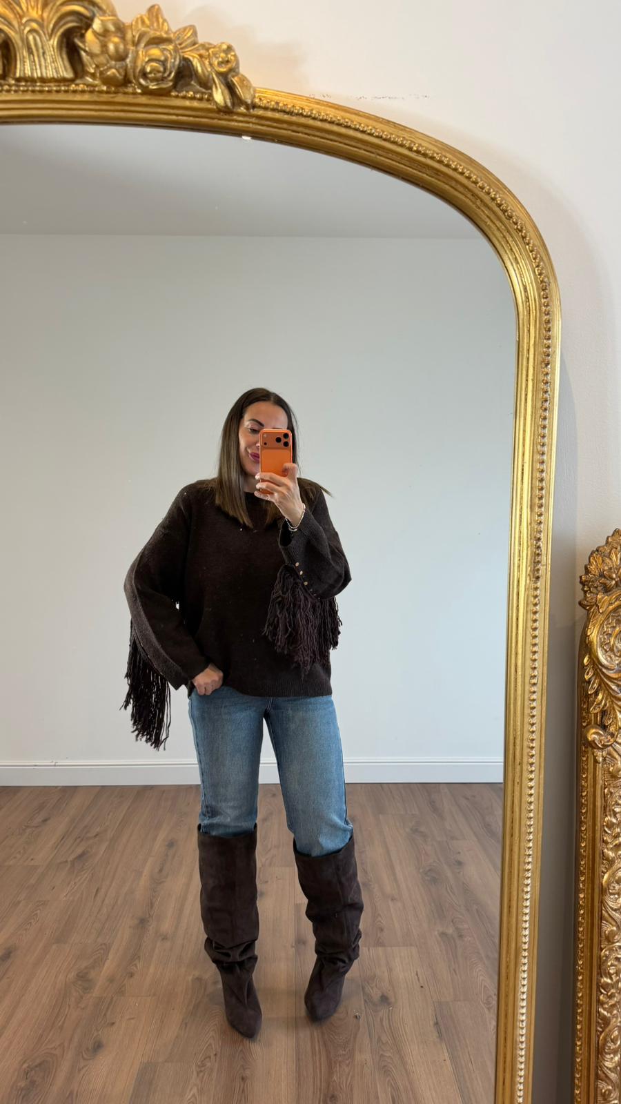 MAGLIONE FRANGE MARRONE 65098 NEW